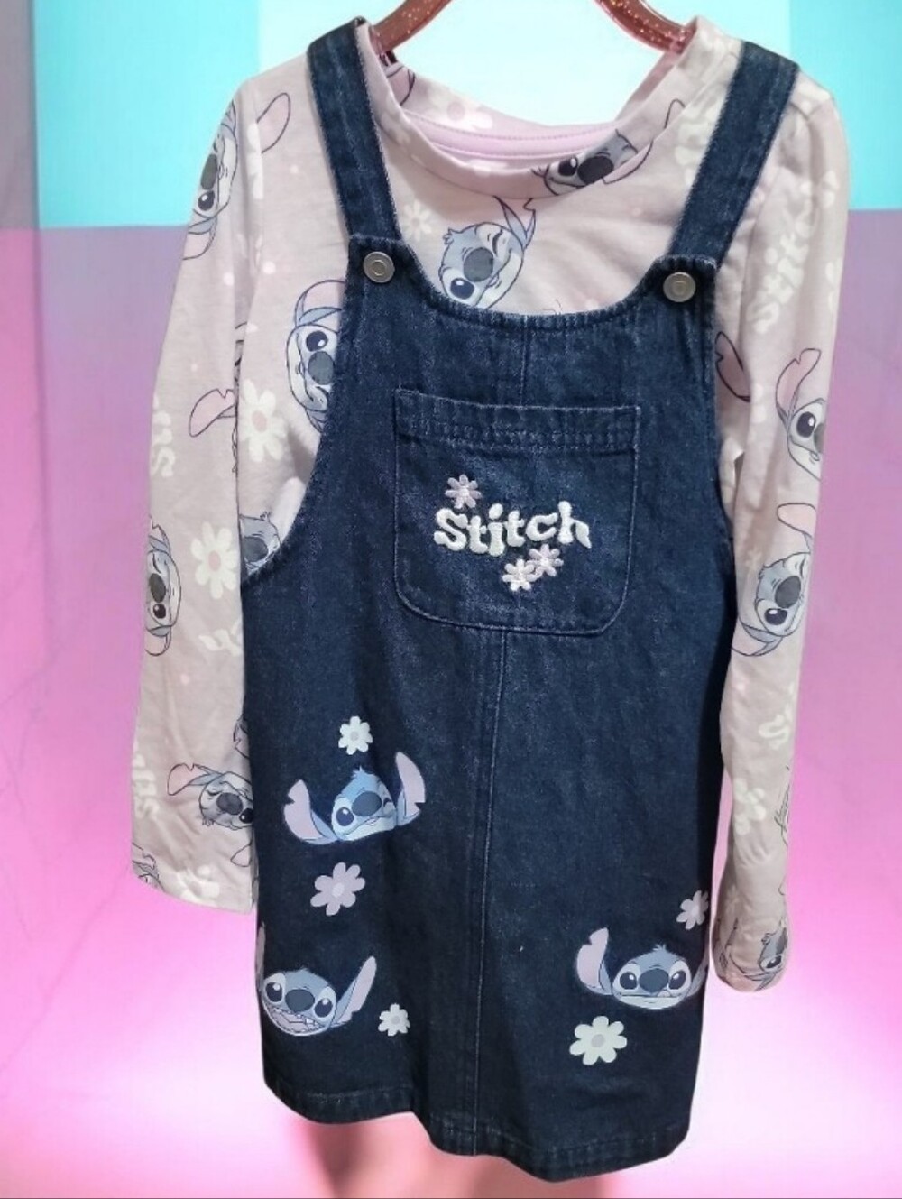 Toddler Disney Denim Overall Dress with Stitch & Floral Print - Blue